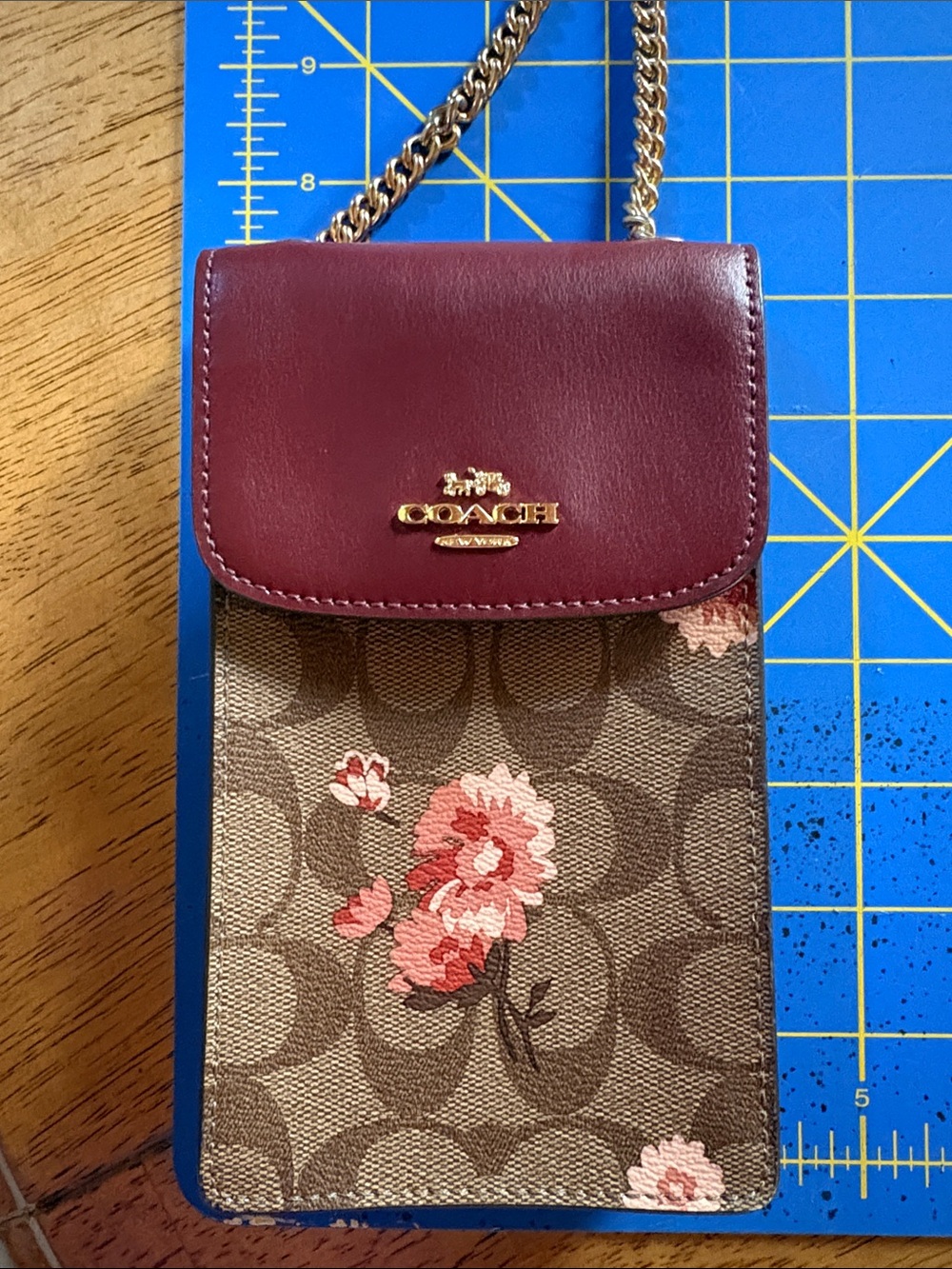 Coach Burgundy Floral Signature Crossbody Phone Bag with Gold Chain - Picture 5 of 5